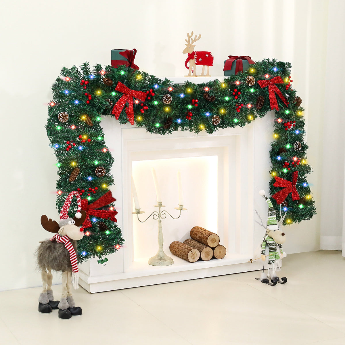 Rattan style wreath with pine cones and a large fabric bow