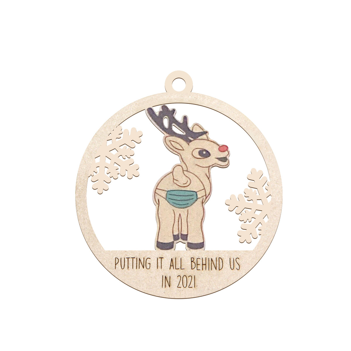 Wooden tree ornament measuring 3.1 by 3.1 inches and weighing about 0.2 ounces