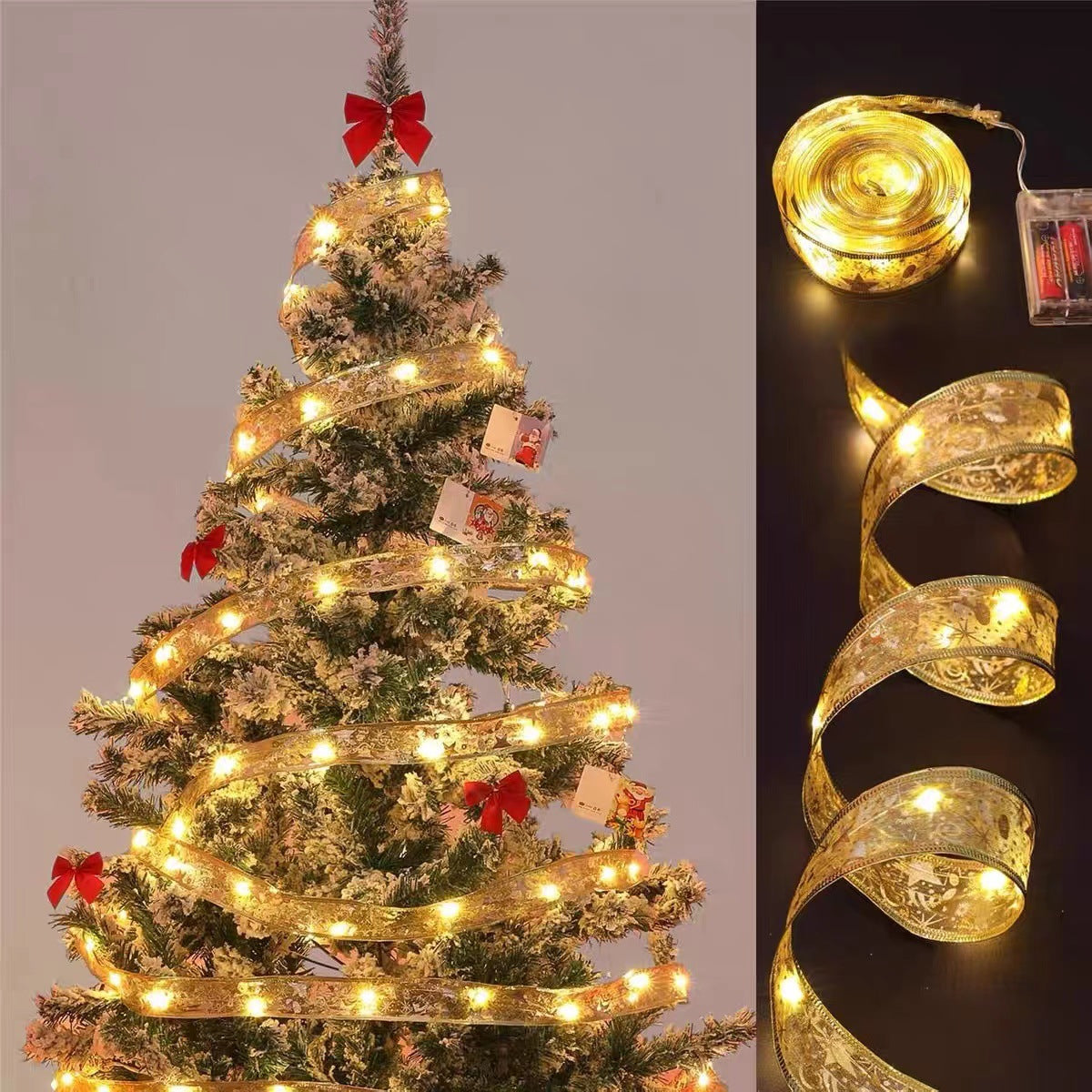 Gold silk ribbon LED Christmas string lights with small bulbs