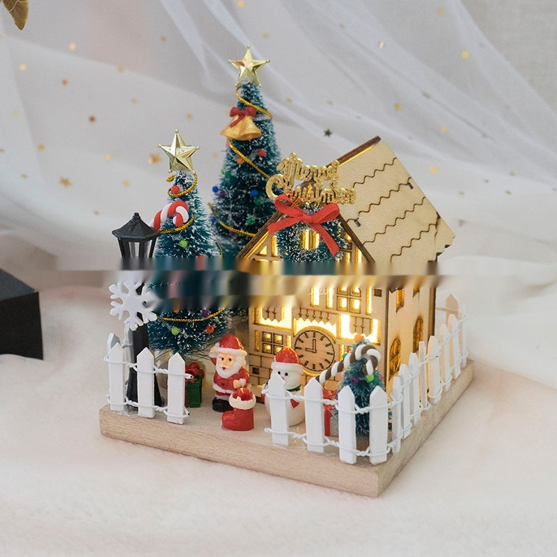 Wooden cabin lantern measuring 8.7 by 4.9 by 6.9 inches