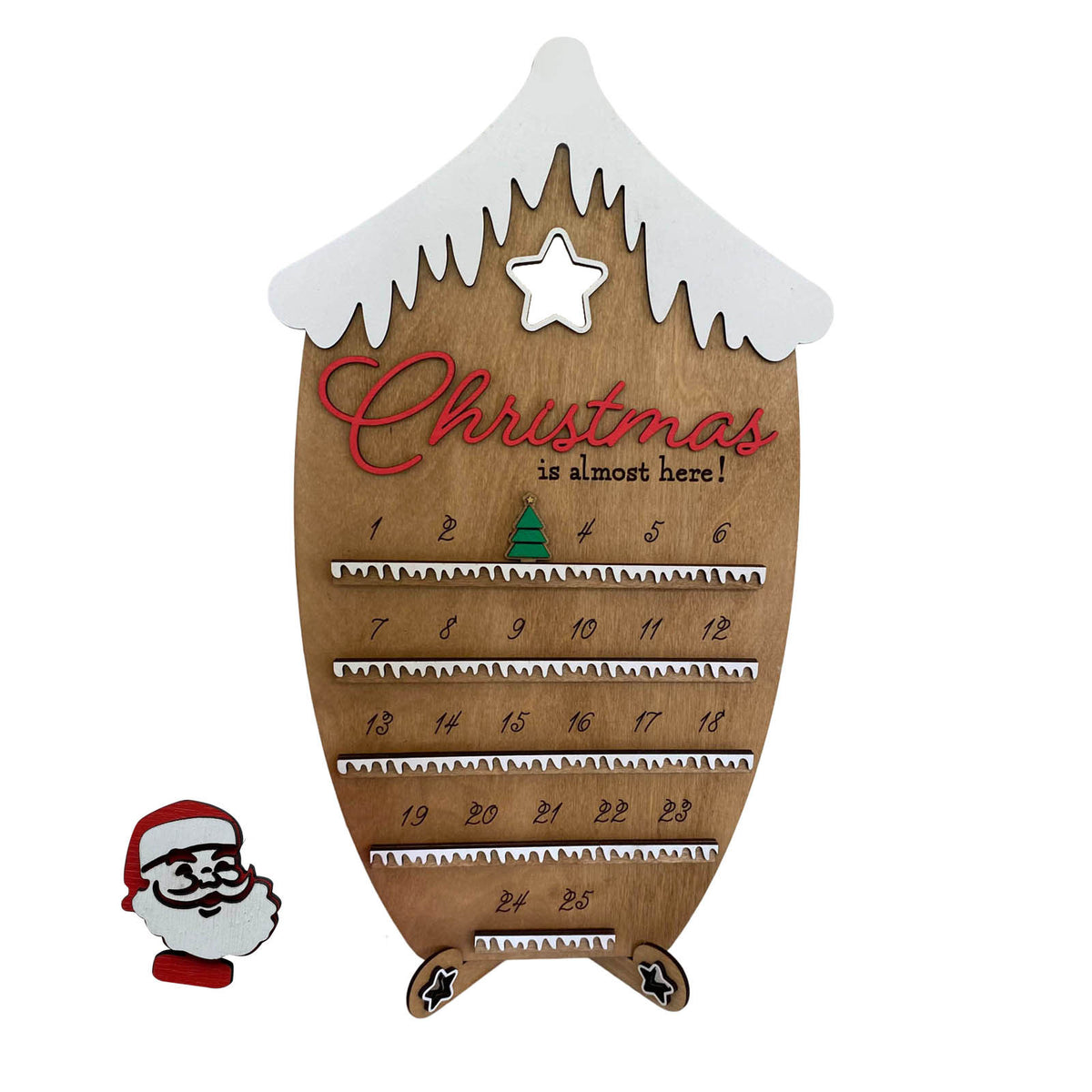 Standing wooden advent ornament with a wide base and no hook needed