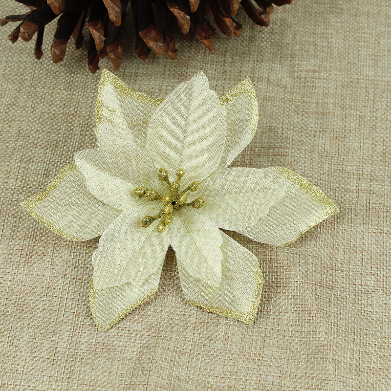 Deep red Christmas flower pick made from cloth with a gold edge