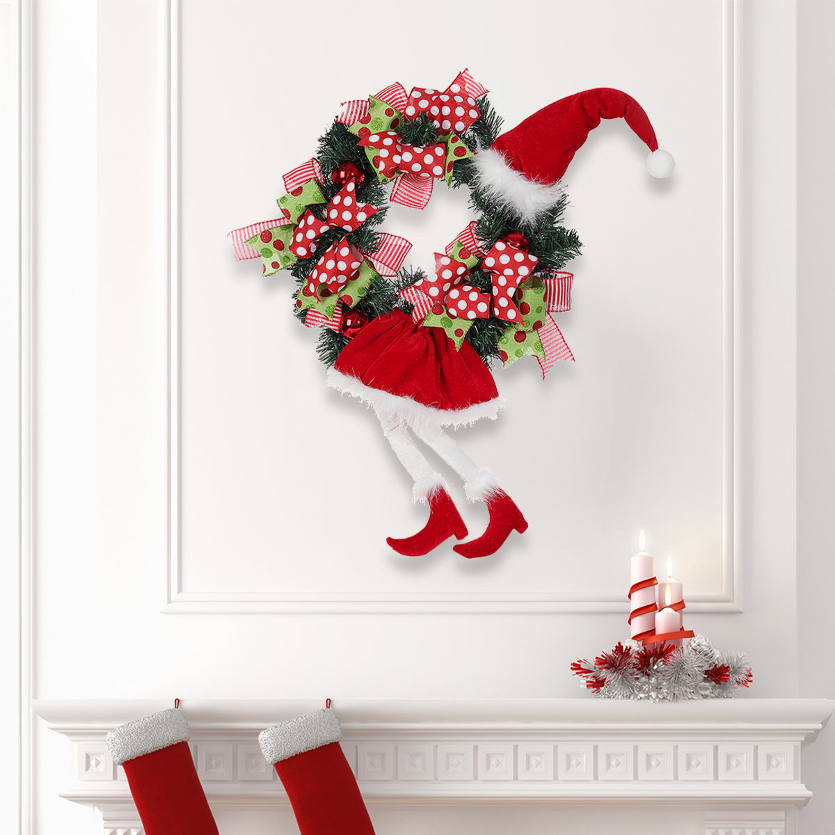 Red long leg elf hanging figure with legs dangling below