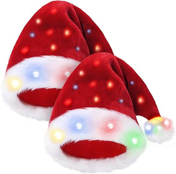 LEDs running through the trim of the plush Christmas hat