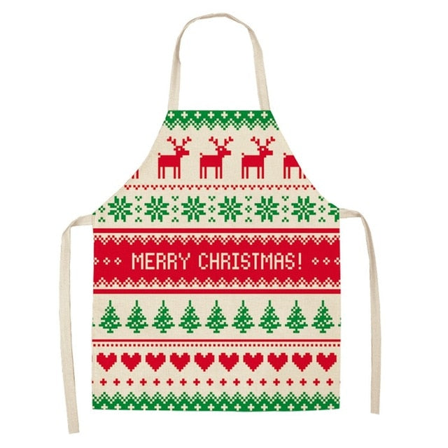 Printed holiday apron in cotton linen with a shaped neckline