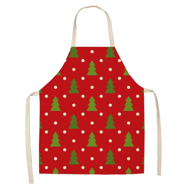 Christmas apron showing the shoulder strap and the side ties