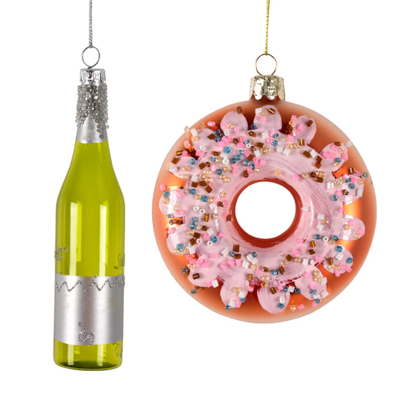 Donut and wine bottle glass Christmas ornaments from one range