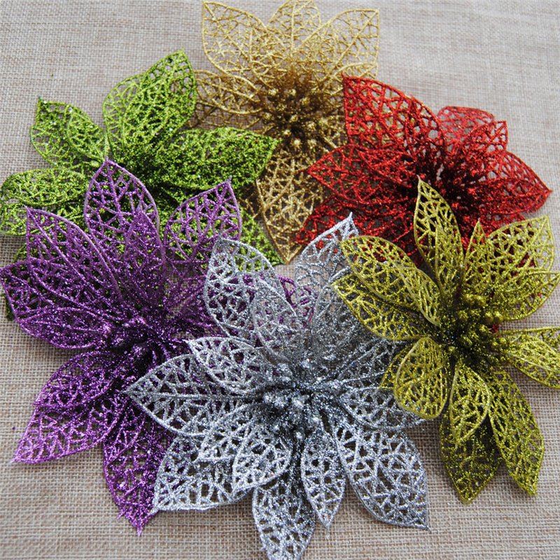 Red glitter Christmas flowers as supplied in the ten piece pack