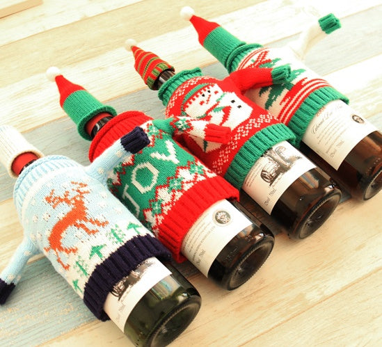 Joy design knitted wool Christmas wine bottle cover with matching hat