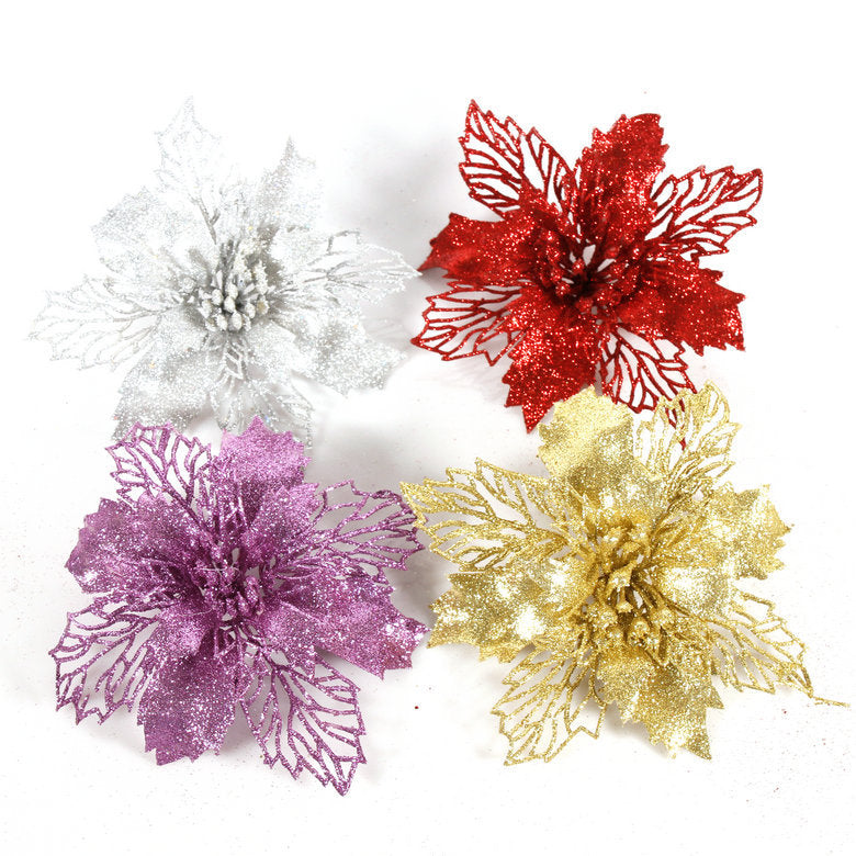 Red glitter Christmas flower pick measuring 6.3 by 6.3 inches