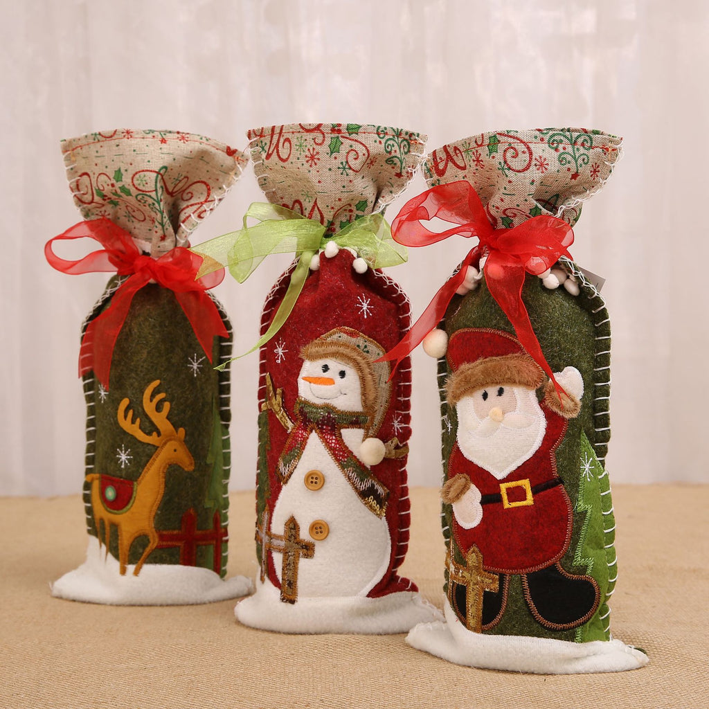 Snowman design fabric Christmas wine bottle sleeve with a ribbon tie
