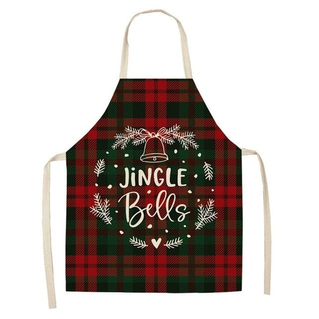 Linen apron with a Christmas print and loose waist ties