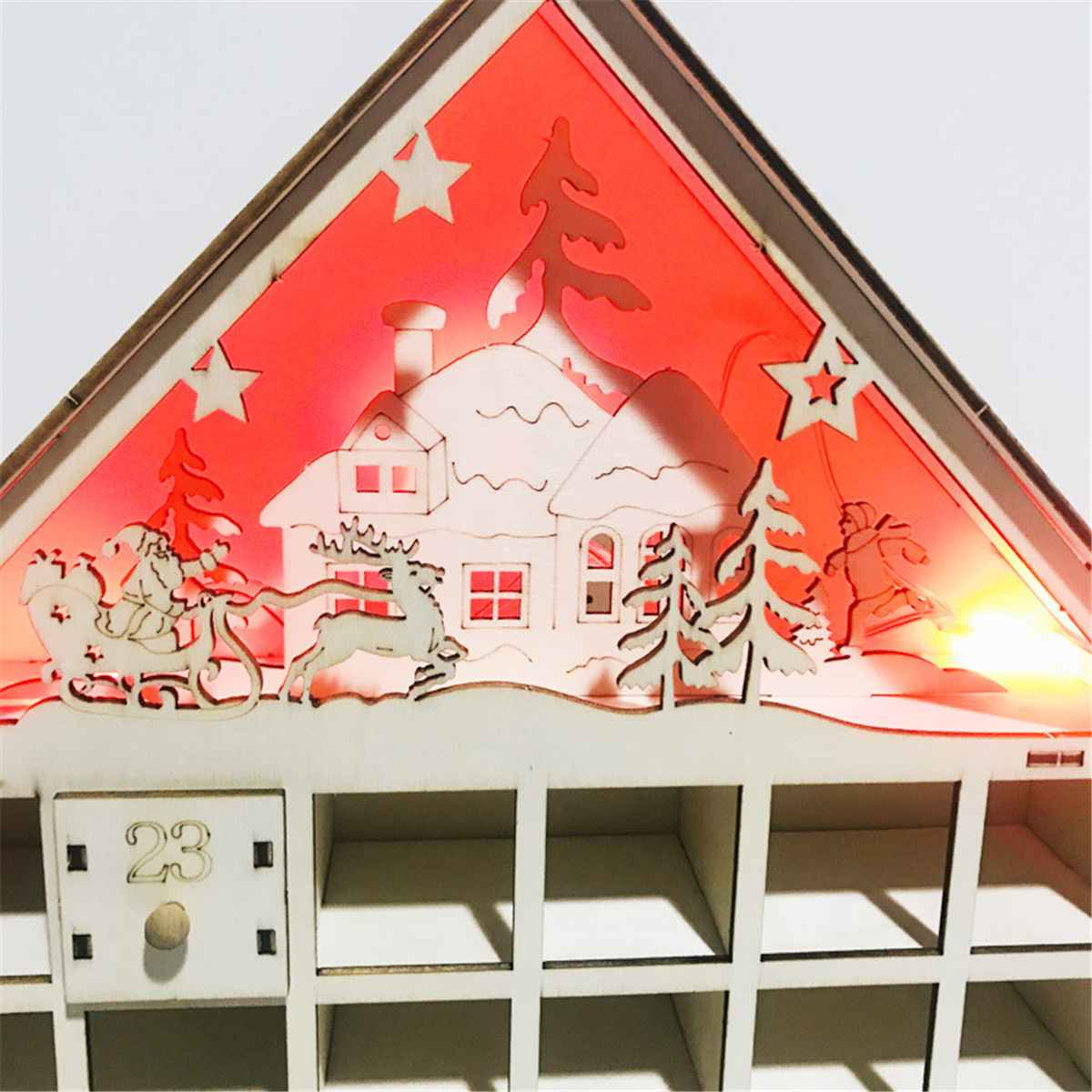 One compartment of the wooden advent calendar opened out