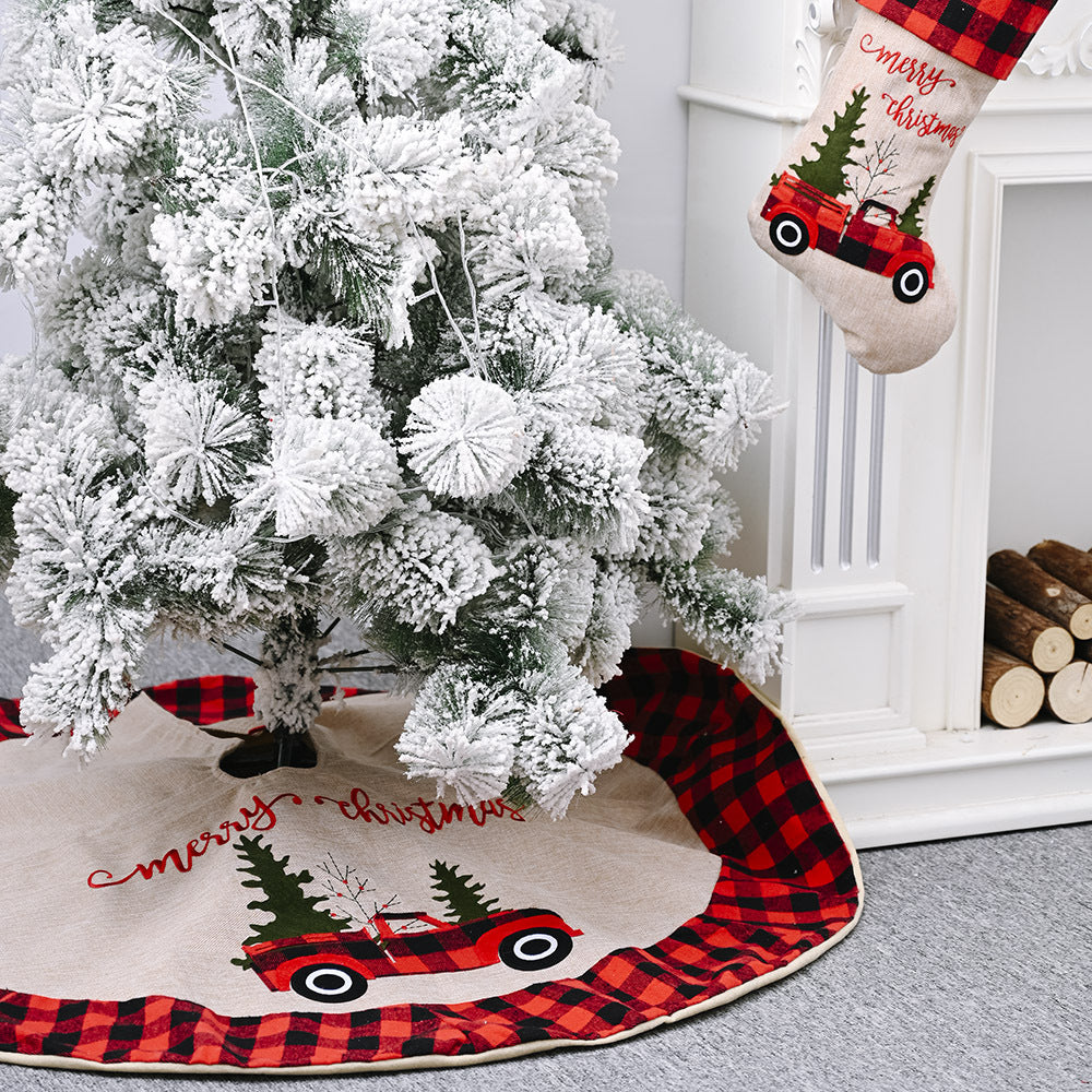Round red plaid Christmas tree skirt supplied as one cover