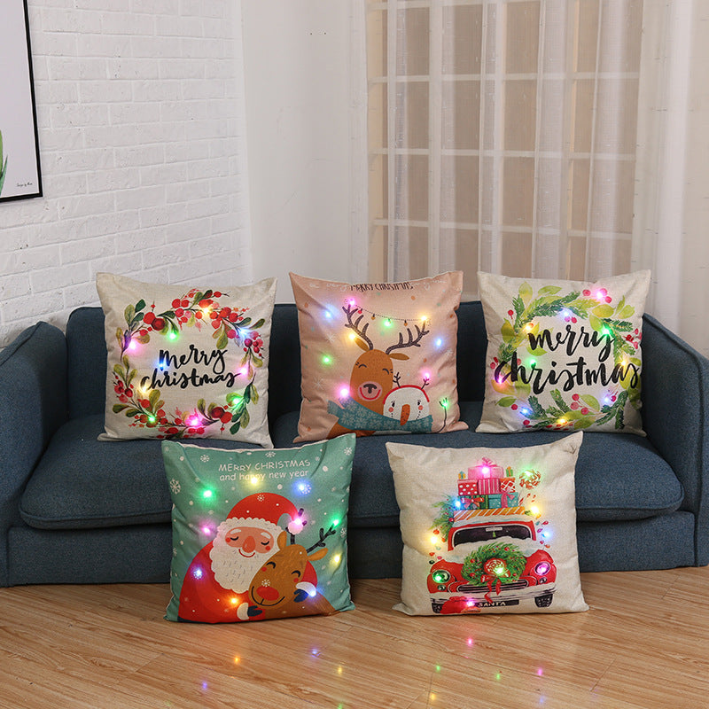 Linen Christmas pillow cover with a cartoon car and tree print