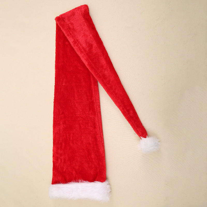 Long Christmas Santa hat with a trailing tail and a trimmed brim