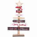 Lettering running across the front of the wooden Christmas tree