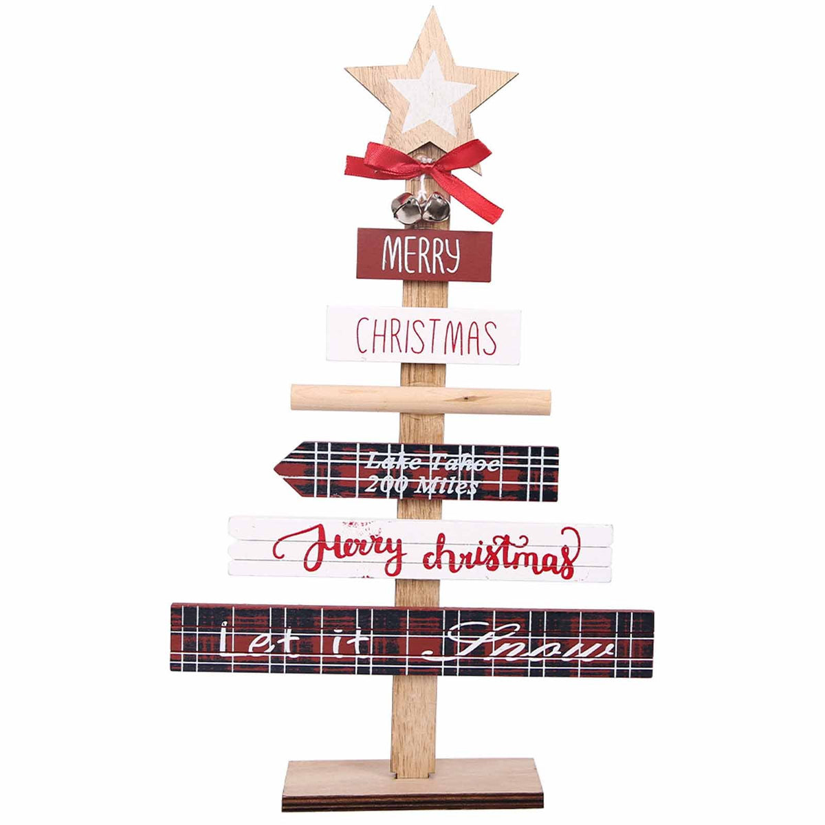 Lettering running across the front of the wooden Christmas tree