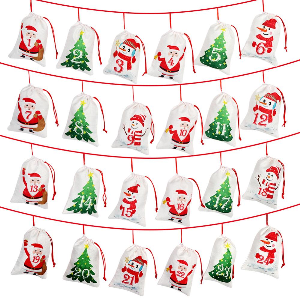 Felt advent calendar bags, each pouch numbered and hung from a loop