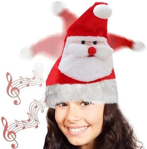 Red plush musical Santa hat with a cotton lining, sings and moves