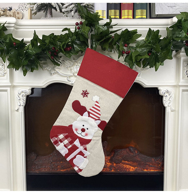 Velvet and linen Christmas stocking with a check cloth trim