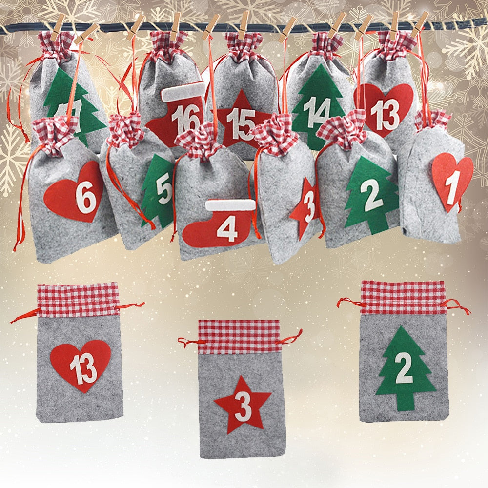 Cloth Christmas gift pouch with its drawstring cord loosened at the top