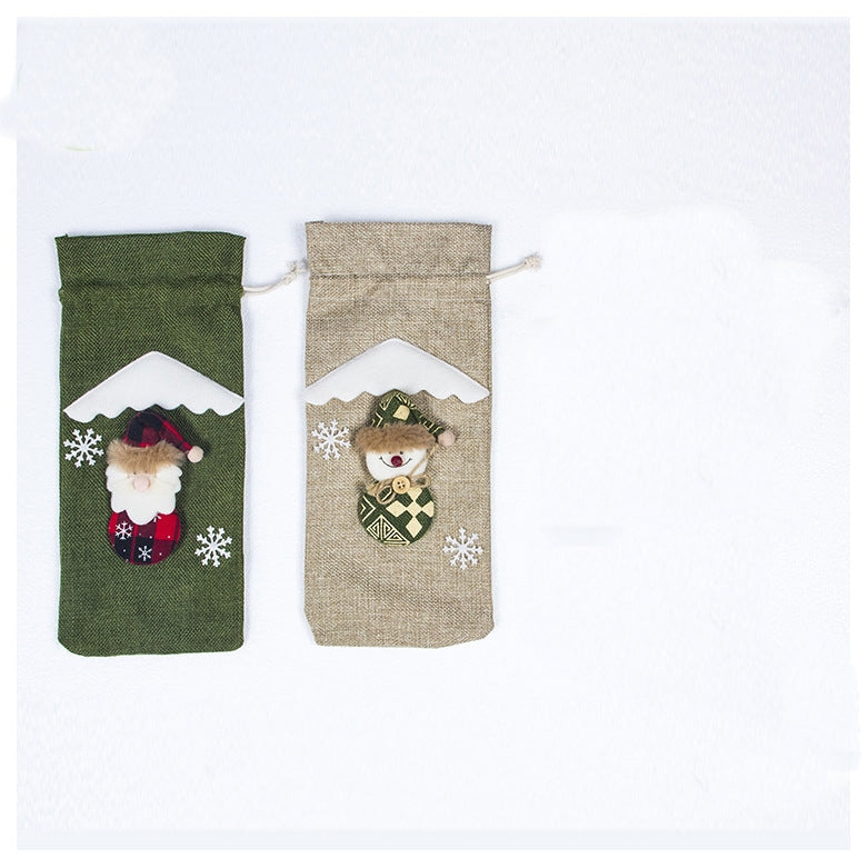 Festive wine bottle cover sewn from cloth and artificial wool