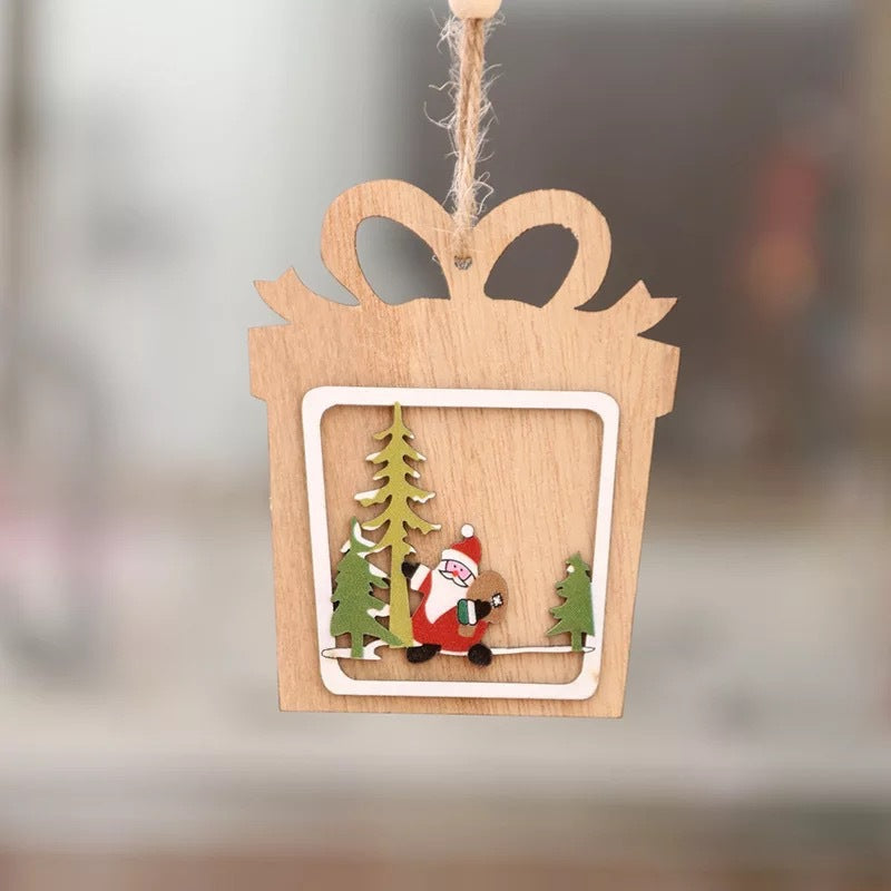Wooden Christmas pendants in eight laser cut shapes, all natural wood