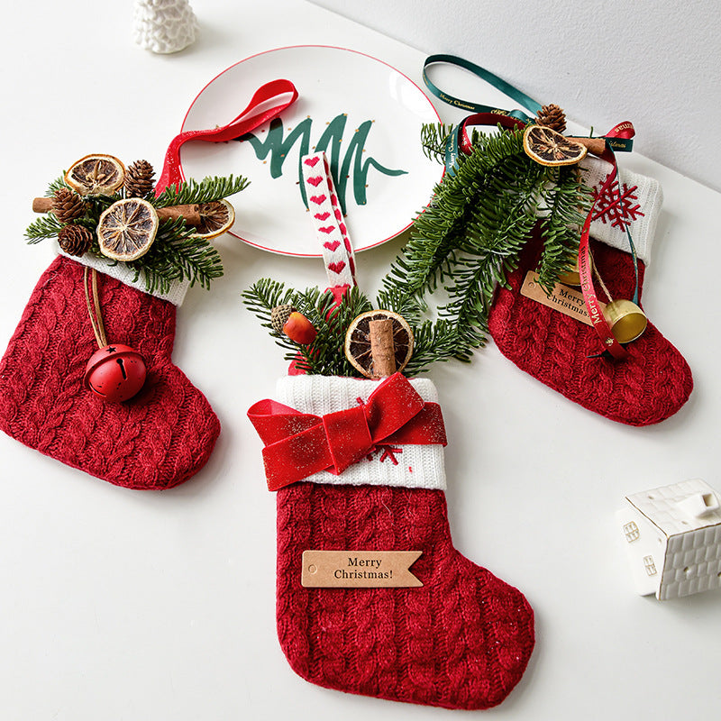Red bow knitted Christmas stocking, one of six trim designs