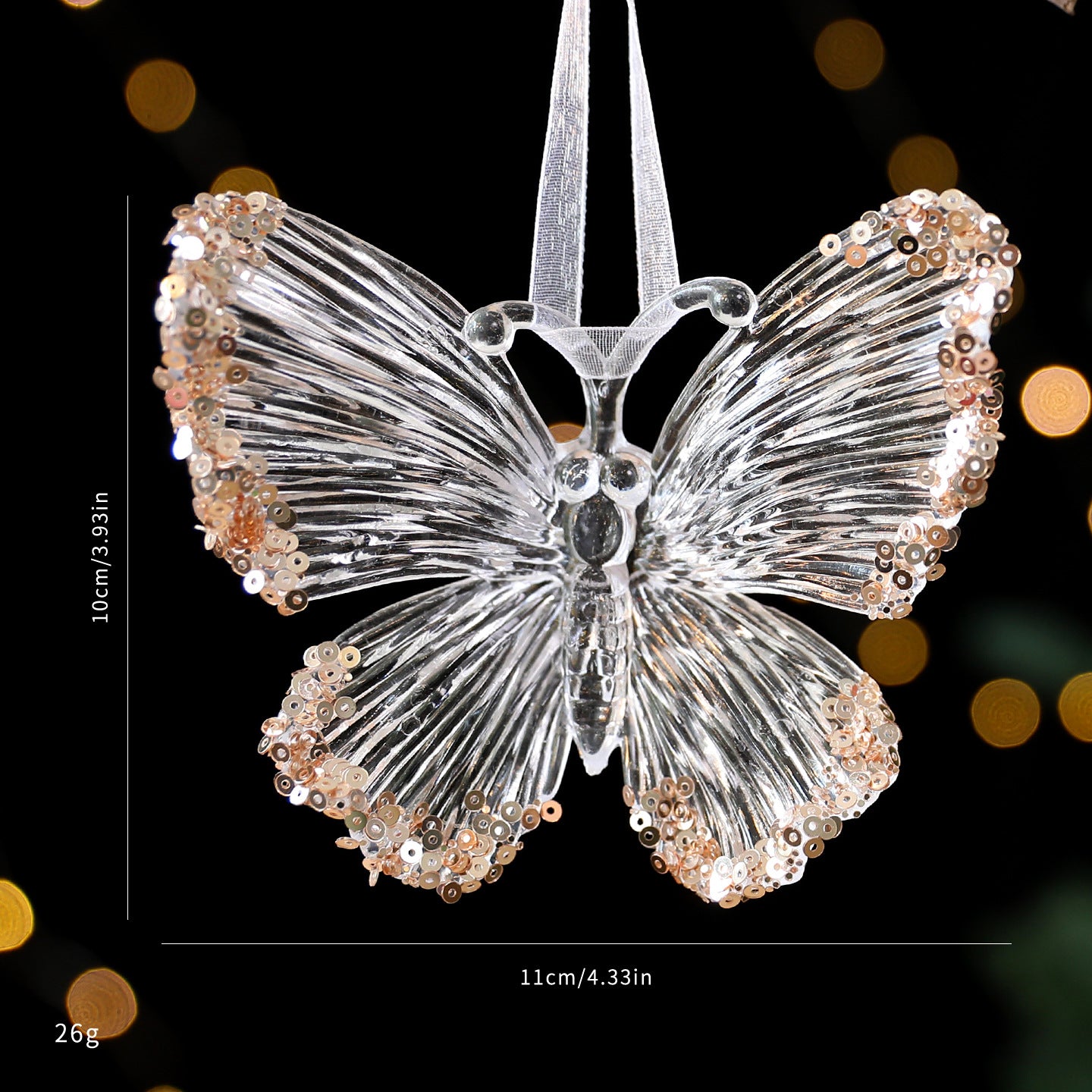 Acrylic snowflake Christmas ornament covered in small transparent sequins