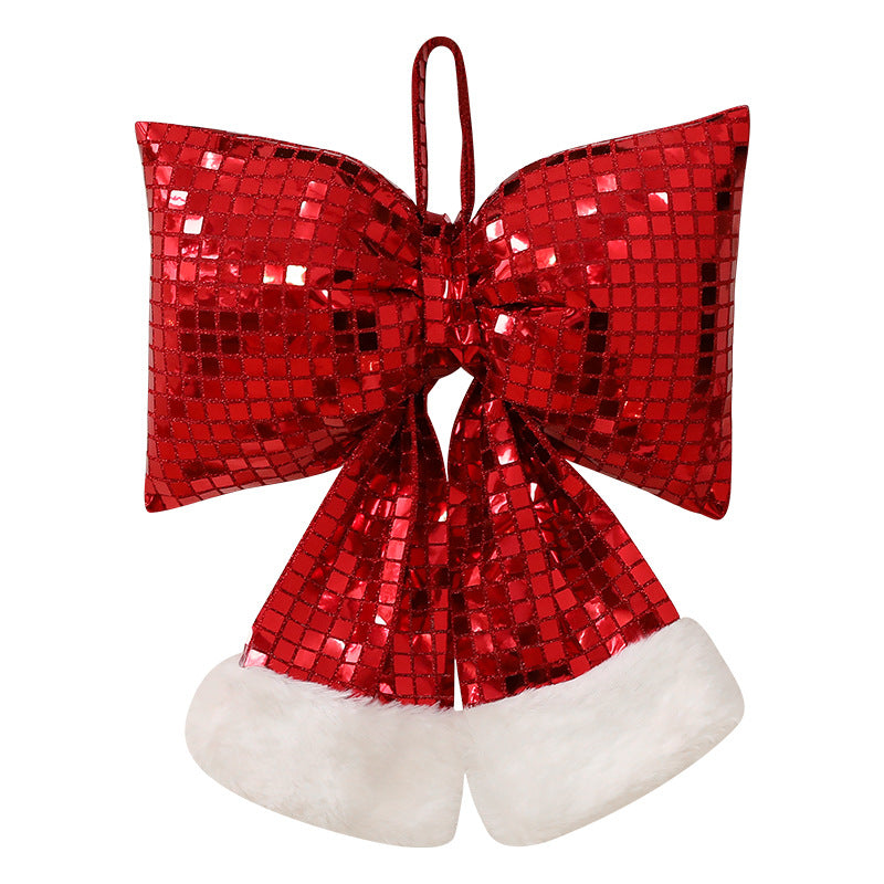 Red sequin Christmas tree bow with fabric loops and trailing tails