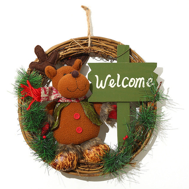 Snowman version of the 13.8 inch rattan and fabric Christmas wreath