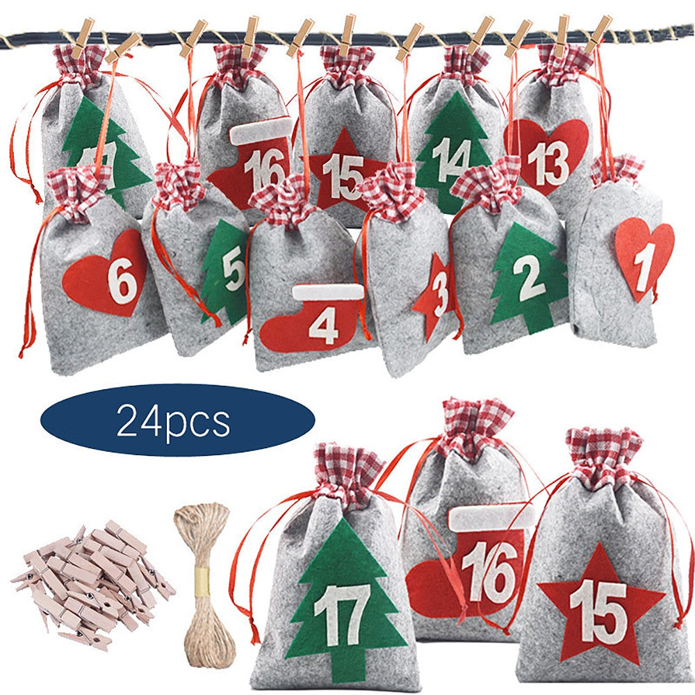 Twenty-four cloth Christmas gift pouches supplied in one pack