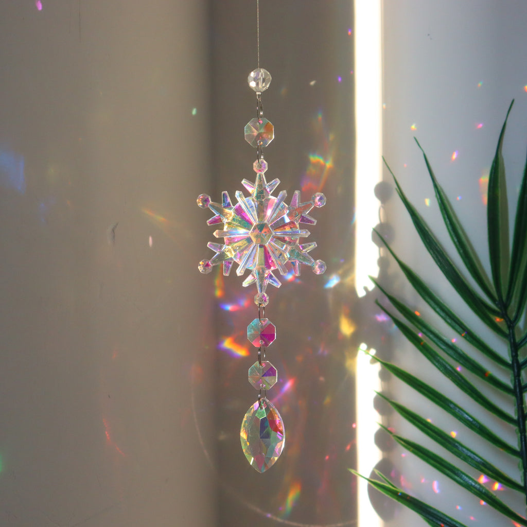 Acrylic beads that shift color as the snowflake hanger turns