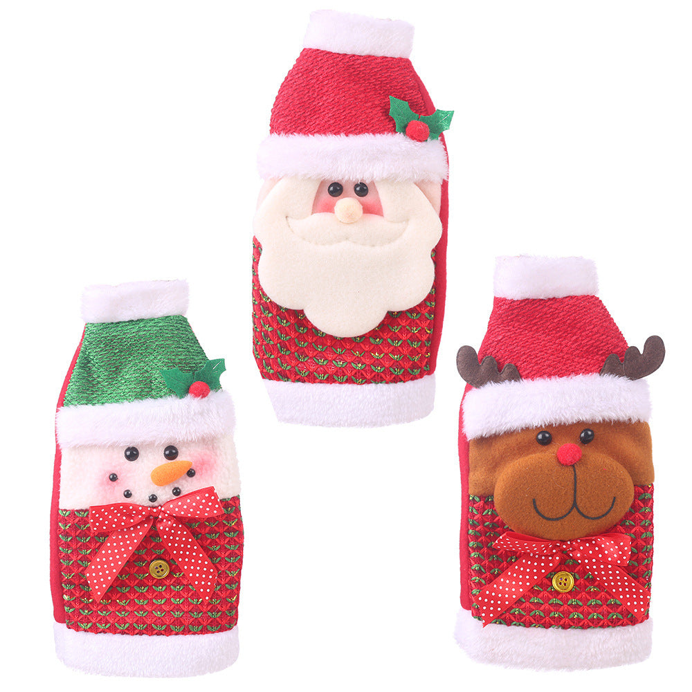 Festive wine bottle cover with an artificial wool trim over cloth