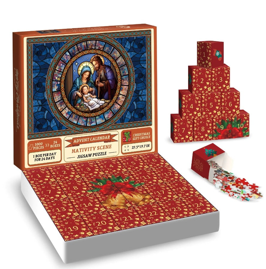 Printed nativity artwork on the paper advent calendar countdown puzzle