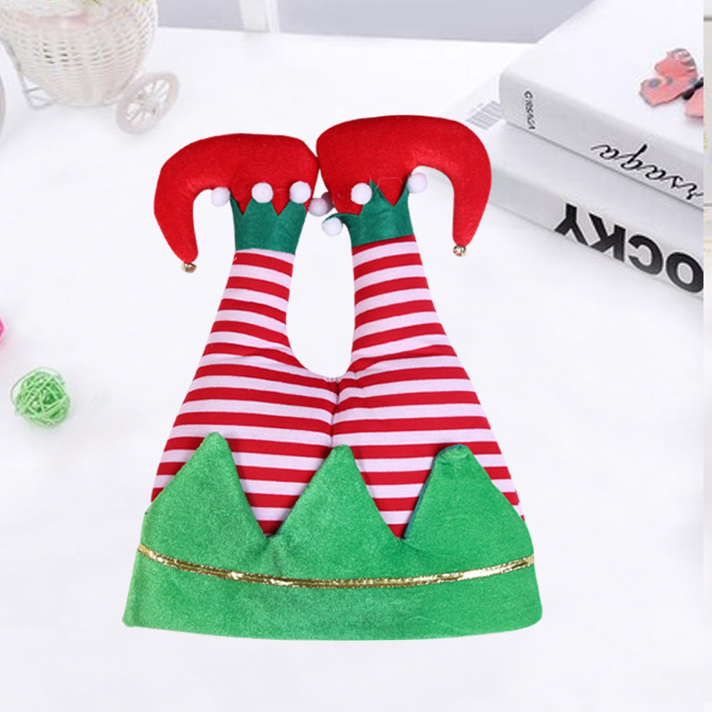 Two flannel Christmas hats stacked, red and green colorways