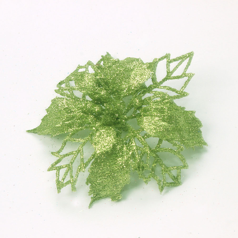 Silver artificial Christmas flower molded in plastic with glitter dusting