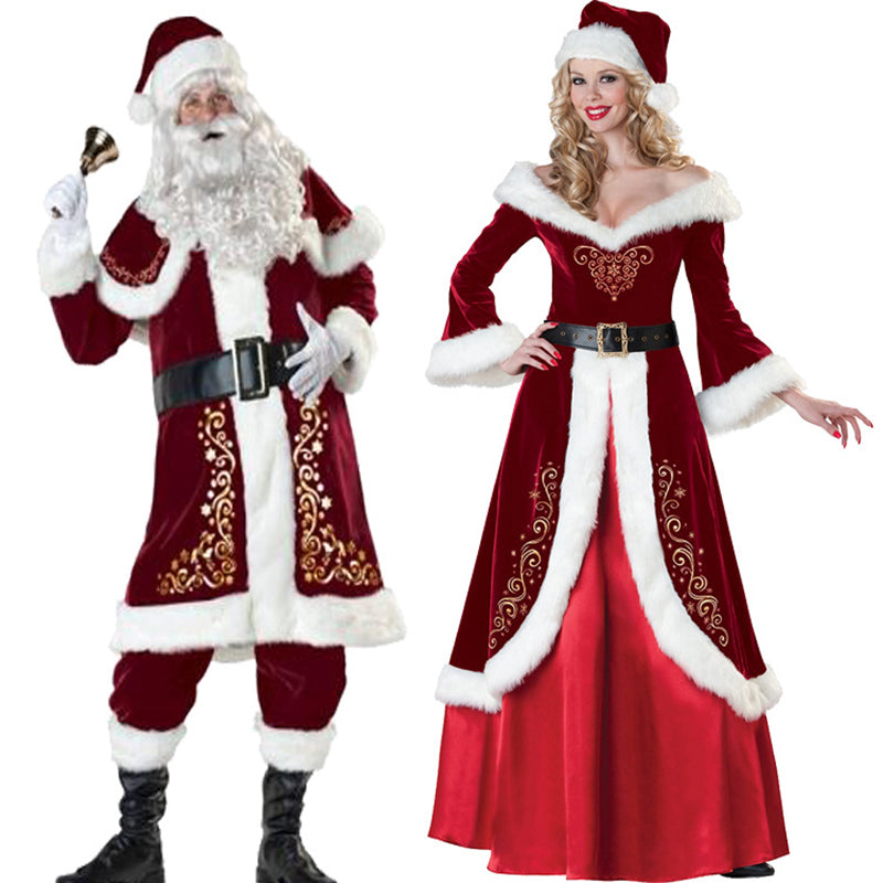 Adult Santa costume sewn from corduroy, offered in men's and women's cuts