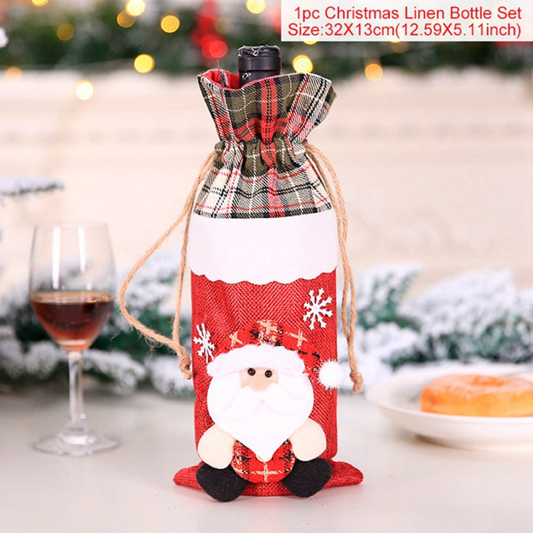 Sewn Christmas wine bottle cover sewn from cloth and artificial wool
