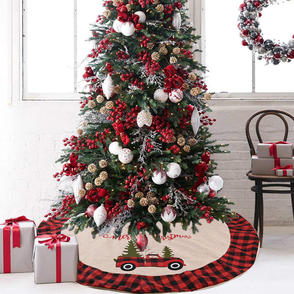Red plaid Christmas tree skirt in imitation linen cloth