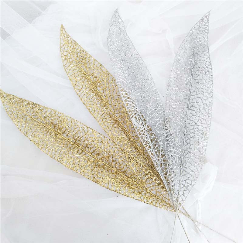 Gold glitter leaf spray for a Christmas tree, 17.7 inches long