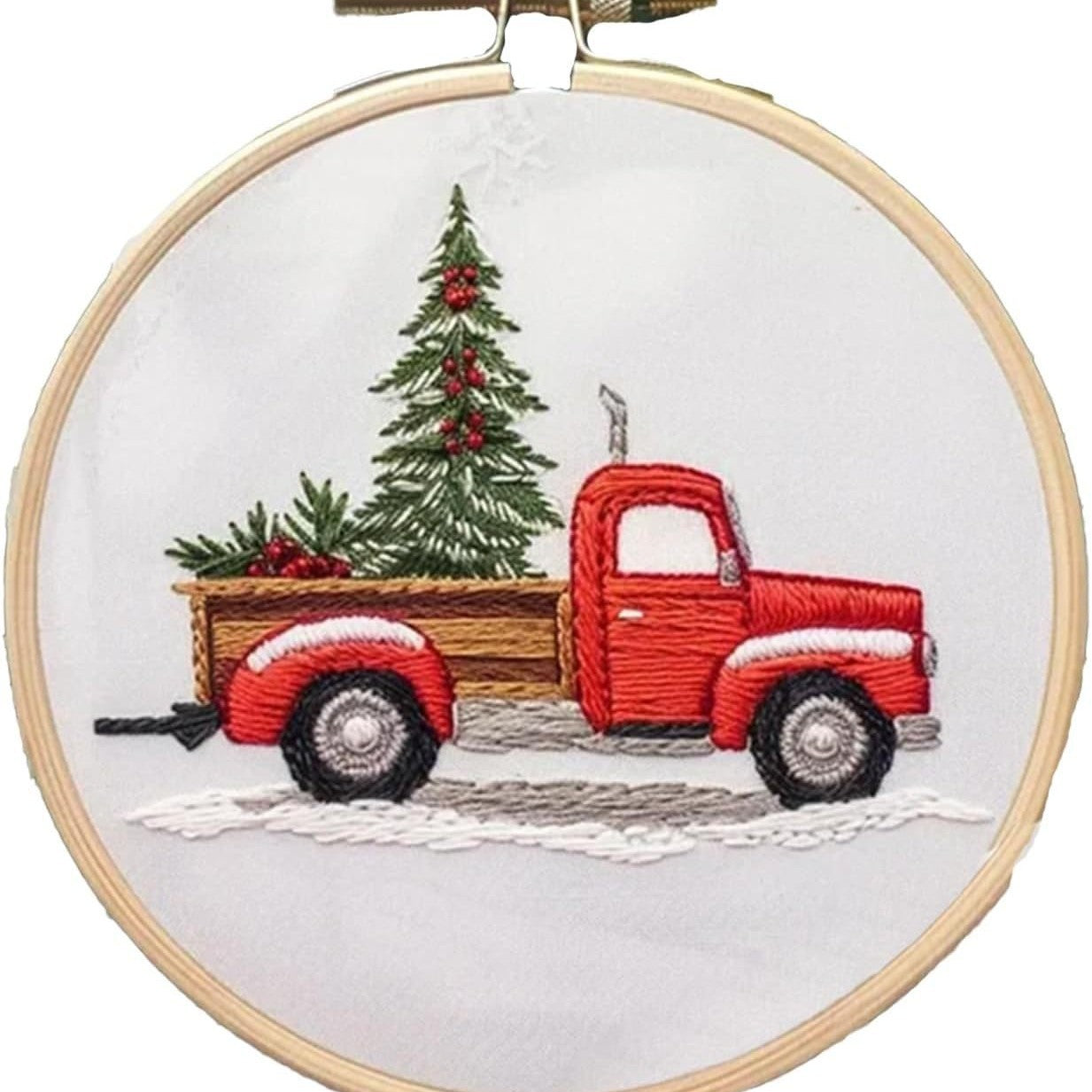 Resort scene embroidery design on a cotton and linen weave