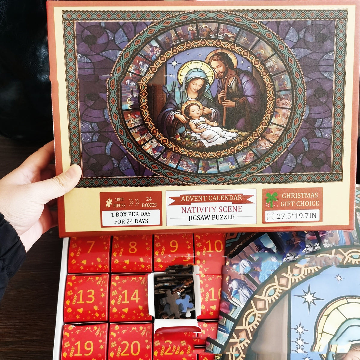 Nativity Christmas countdown puzzle made from light paper pieces