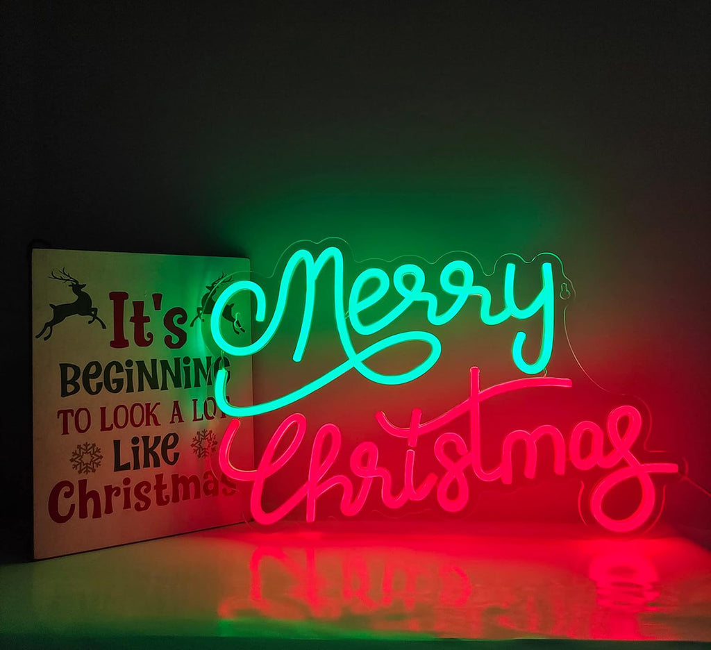 Christmas neon signboard with a bright gnome figure in LED tubing