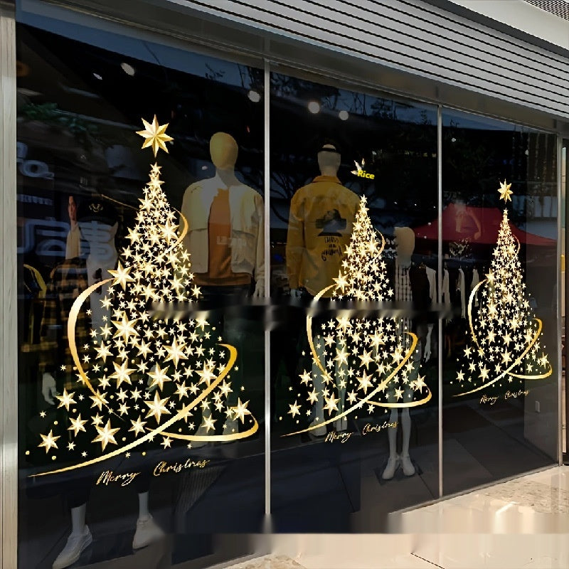 Gold Christmas tree wall decal in a cartoon snowflake and star style