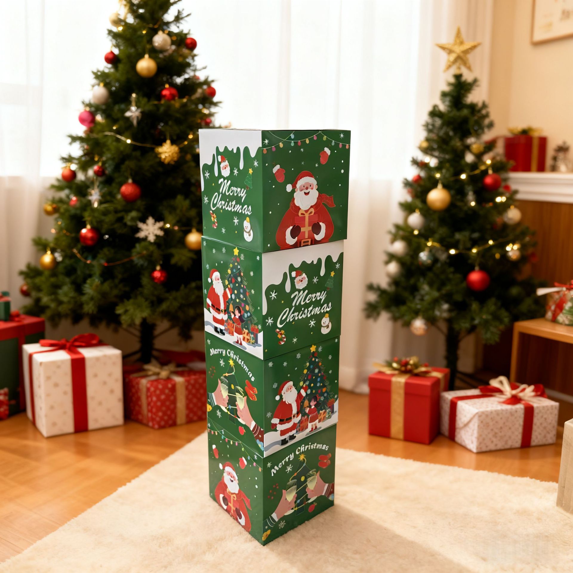 Four matching square boxes that stack evenly for a Christmas display