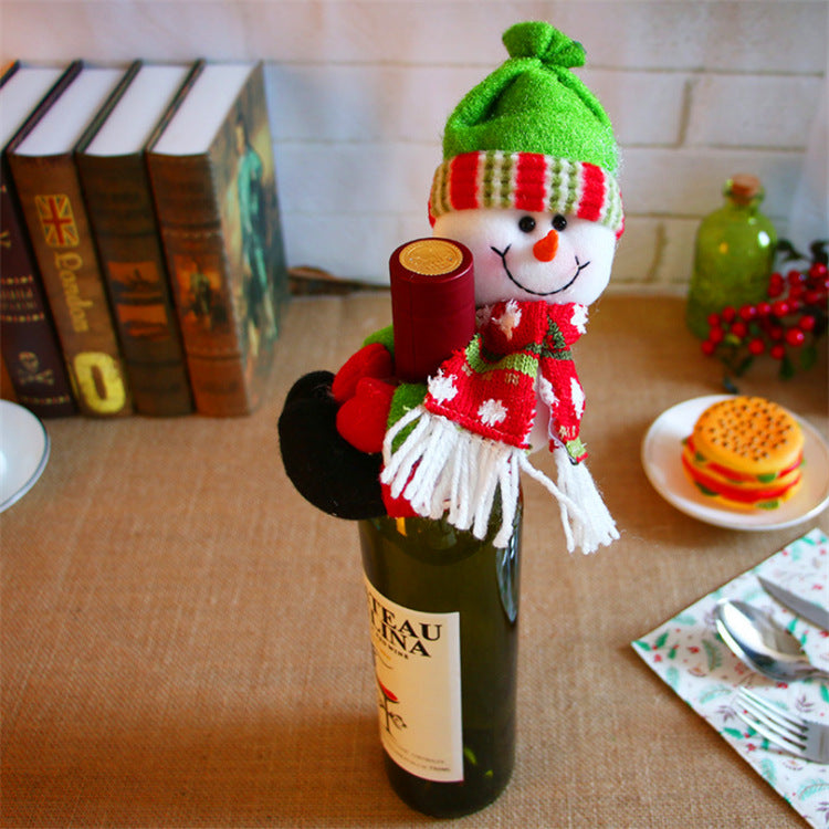 Cloth Christmas bottle cover with an artificial wool trim over cloth