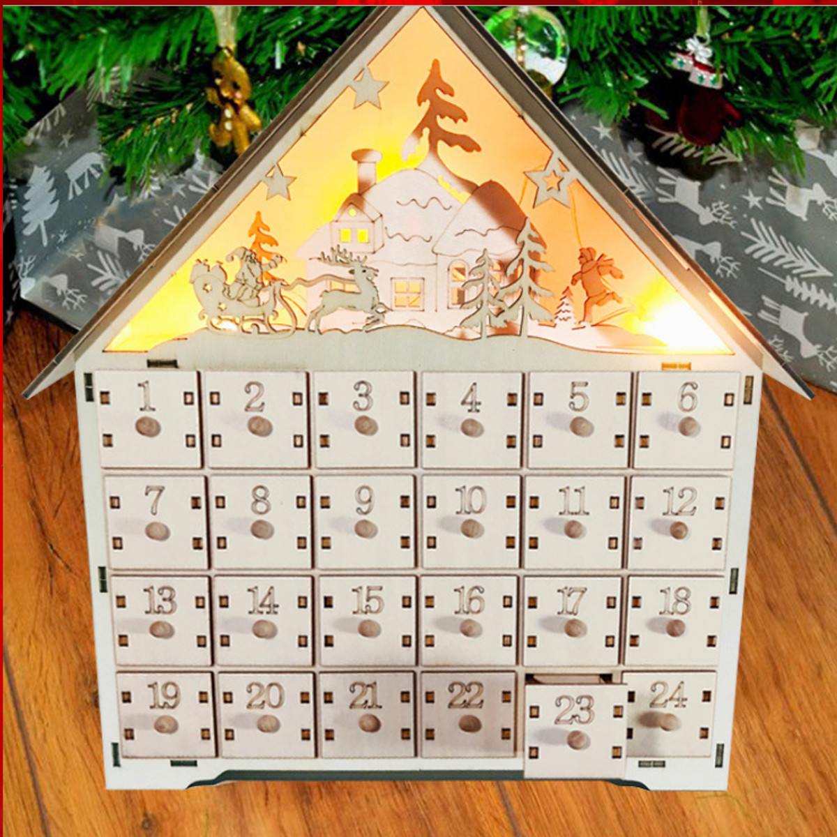 Wood grain across the front of the Christmas countdown cabinet