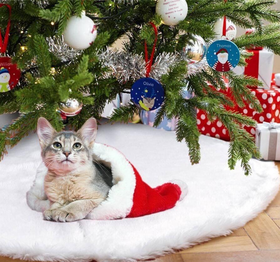 Pure white plush Christmas tree skirt in deep soft pile